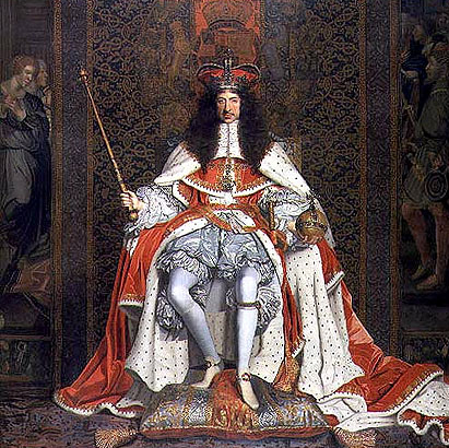 Rewolucja angielska - koronacja króla. Portret przedstawiający siedzącego na tronie króla Anglii Karola II. Na głowie ma koronę, w jednym ręku berło, a w drugim jabłko.
