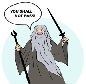 Future simple z użyciem shall - grafika przedstawiająca Gandalfa, który mówi: You shall not pass!