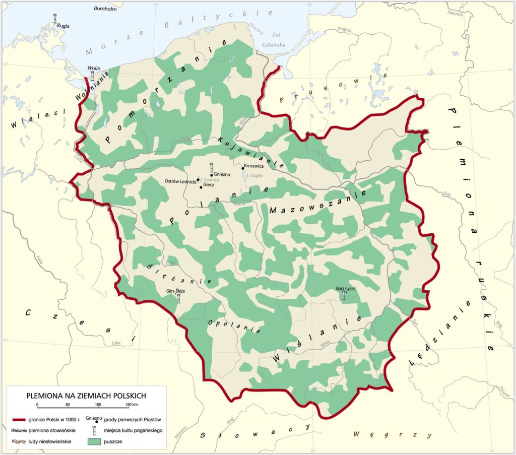 Mapa przedstawiająca plemiona słowiańskie na ziemiach polskich, autor mapy: K. Chariza i zespół
