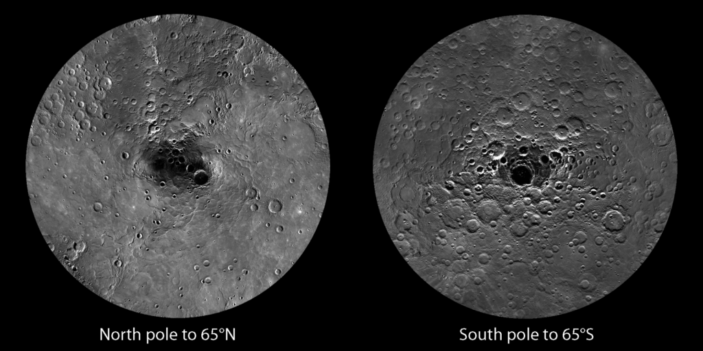 Mozaika zdjęć z sondy MESSENGER przedstawiająca okolice biegunów Merkurego