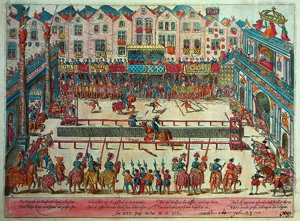 Turnieje rycerskie - ilustracja przedstawiająca walkę turniejową na kopie
