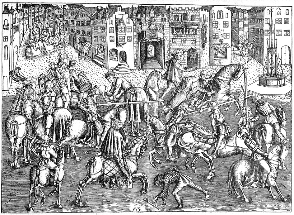 Turnieje rycerskie - czarno-biała grafika przedstawiająca walkę zbiorową rycerzy na koniach