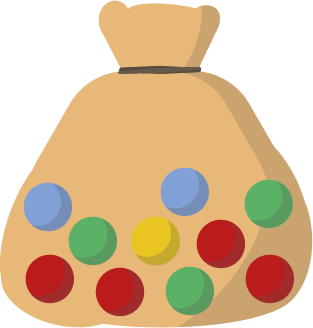 Grafika przedstawiająca worek z kolorowymi kulkami w środku - zdarzenie losowe (wyciąganie kul z pojemnika)