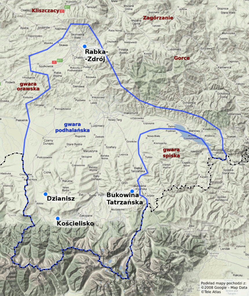 Gwara podhalańska - mapa przedstawiająca zasięg terytorialny gwary