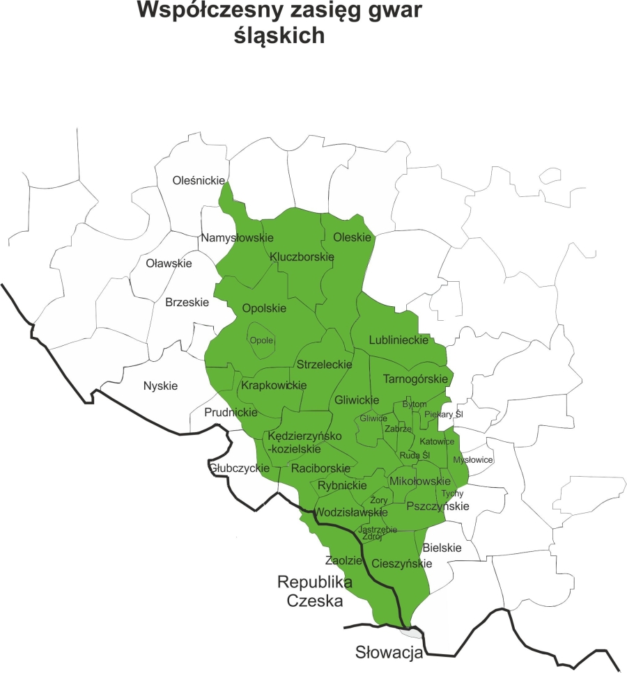Dialekt śląski - mapa przedstawiająca zasięg terytorialny gwar sląskich