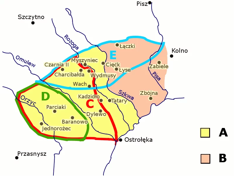 Gwara kurpiowska - kolorowa mapa przedstawiająca zasięg terytorialny gwary