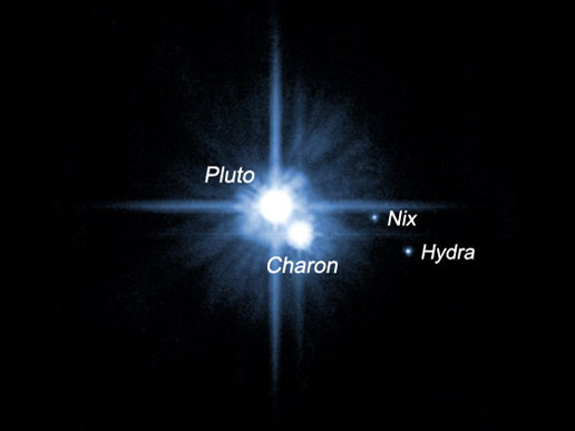 Sfotografowana przez Hubble’a w 2005 roku para małych księżyców krążących wokół Plutona: Nix i Hydra
