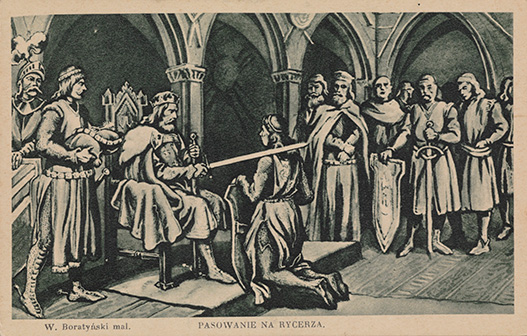 Czarno-biała grafika przedstawiająca pasowanie na rycerza