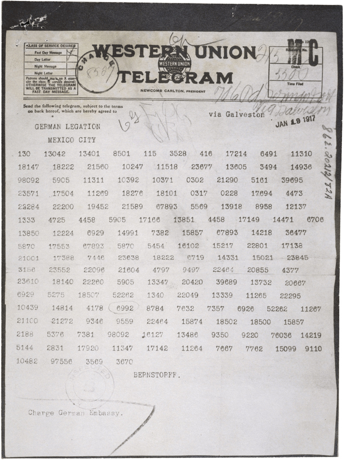 Zdjęcie przedstawiające oryginał zaszyfrowanego telegramu Zimmermanna